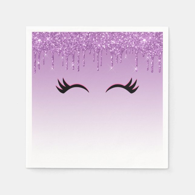 Stylish Pink & Black Eyelashes on Dripping Glitter Napkin (Front)