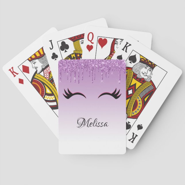 Stylish Pink & Black Eyelashes on Dripping Glitter Playing Cards (Back)