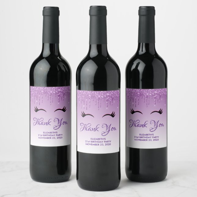 Stylish Pink & Black Eyelashes on Dripping Glitter Wine Label (Bottles)