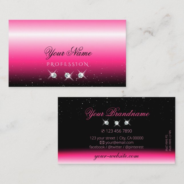 Stylish Pink Black Ombre Sparkle Diamonds Luxury Business Card (Front/Back)