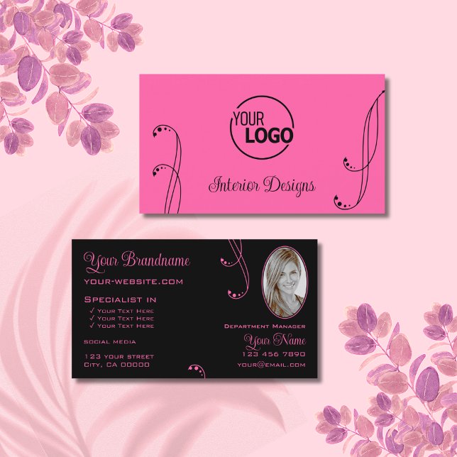 Stylish Pink Black Ornate with Logo and Photo Business Card (Creator Uploaded)