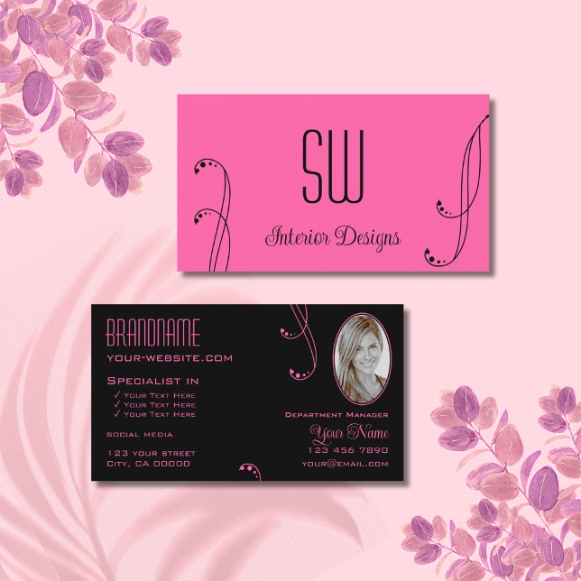 Stylish Pink Black Ornate with Monogram and Photo Business Card (Creator Uploaded)
