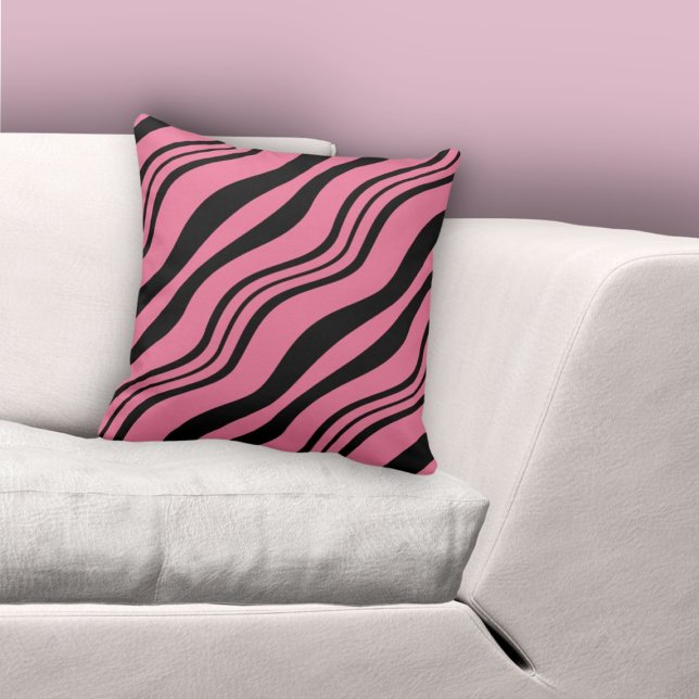 Stylish Pink & Black Wavy Lines Pattern Cushion (Stylish Pink & Black Wavy Lines Pattern Throw Pillow)