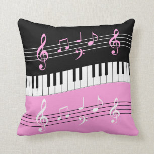 Stylish Pink Black White Piano Keys and Notes Cushion