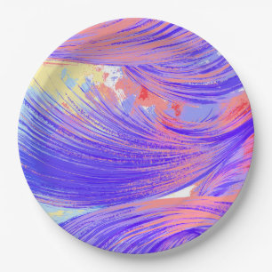 Stylish Pink Blue Abstract Feathers Paper Plate