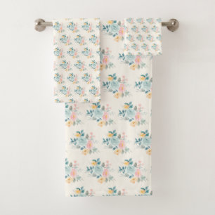 Stylish Pink & Blue Flower Bouquet Bath Towel Set