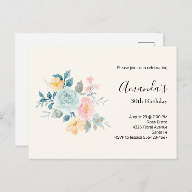 Stylish Pink & Blue Flower Bouquet Birthday Invite Postcard (Front/Back)
