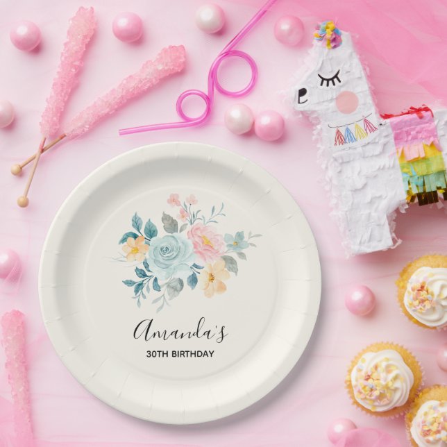 Stylish Pink & Blue Flower Bouquet Birthday Paper Plate (Party)