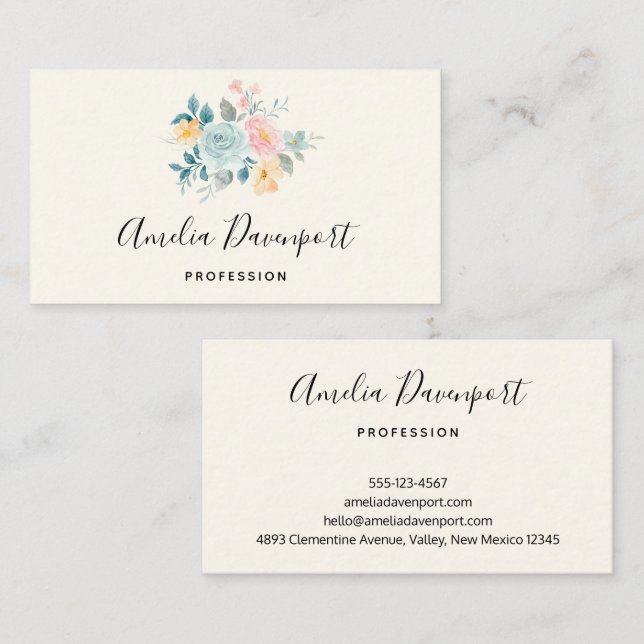 Stylish Pink & Blue Flower Bouquet Business Card (Front/Back)