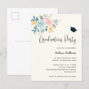 Stylish Pink & Blue Flower Bouquet Graduation Invitation Postcard
