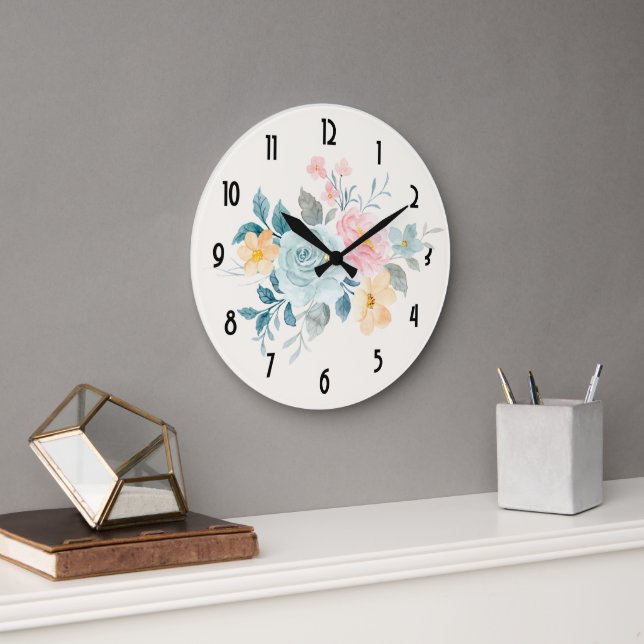 Stylish Pink & Blue Flower Bouquet Large Clock (Office)