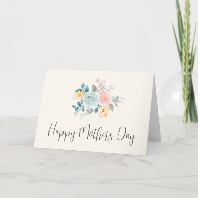 Stylish Pink & Blue Flower Bouquet Mother's Day Card (Front)
