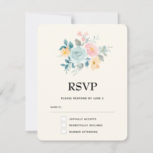Stylish Pink & Blue Flower Bouquet RSVP Card (Front)