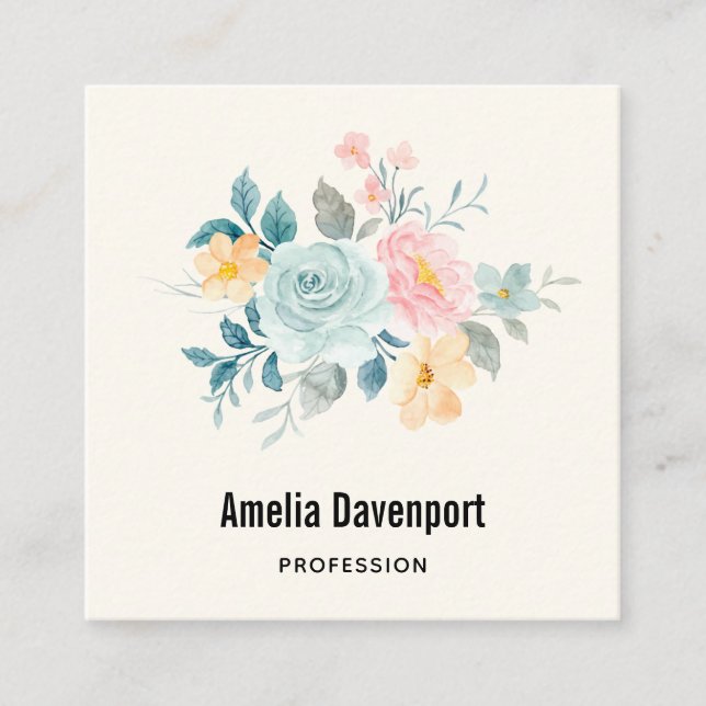 Stylish Pink & Blue Flower Bouquet Square Business Card (Front)