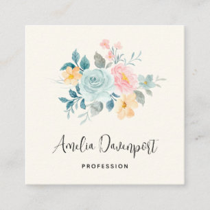 Stylish Pink & Blue Flower Bouquet Square Business Card