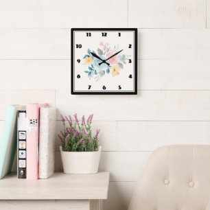 Stylish Pink & Blue Flower Bouquet Square Wall Clock