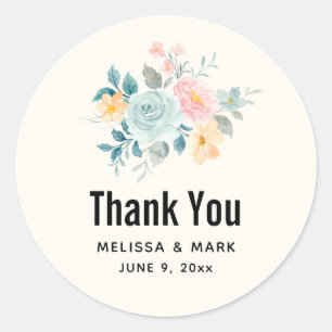 Stylish Pink & Blue Flower Bouquet Thank You Classic Round Sticker