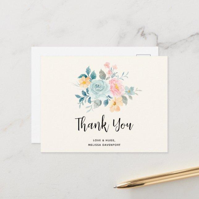 Stylish Pink & Blue Flower Bouquet - Thank You Postcard (Front/Back In Situ)