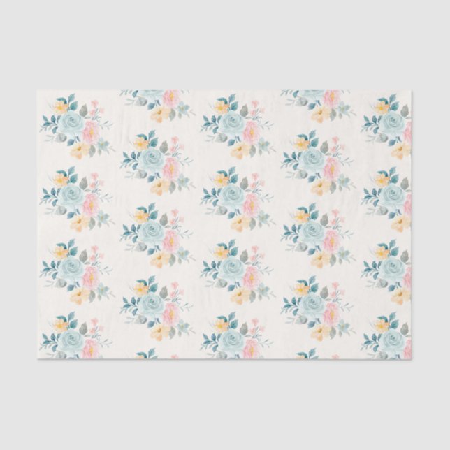 Stylish Pink & Blue Flower Bouquet Tissue Paper (Front)