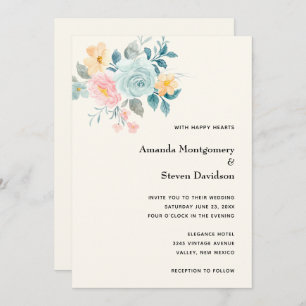 Stylish Pink & Blue Flower Bouquet - Wedding Invitation