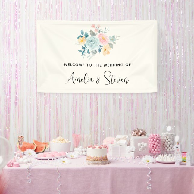 Stylish Pink & Blue Flower Bouquet Wedding Welcome Banner (Party)