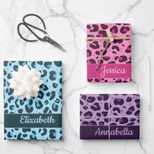 Stylish pink blue purple leopard print with names wrapping paper sheet
