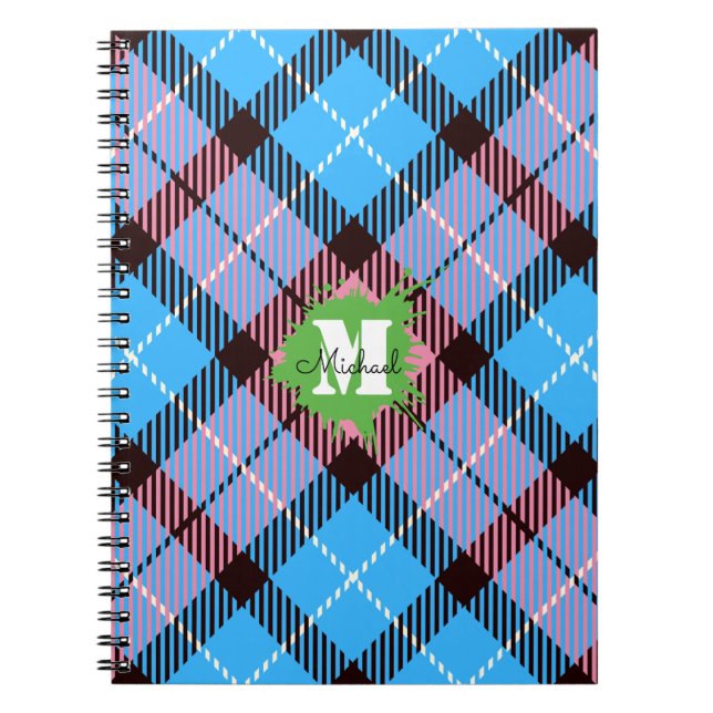 Stylish Pink Blue Tartan Custom Monogram Script Notebook (Front)