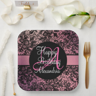 Stylish Pink Blush Black Floral Monogram Birthday Paper Plate