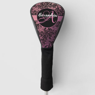 Stylish Pink Blush Black Floral Monogram    Golf Head Cover