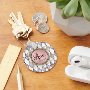 Stylish Pink Blush Harlequin Monogram Key Ring