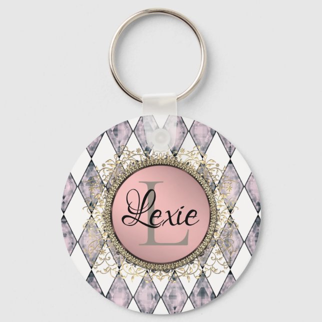 Stylish Pink Blush Harlequin Monogram Key Ring (Front)