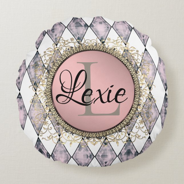 Stylish Pink Blush Harlequin Monogram  Round Cushion (Front)