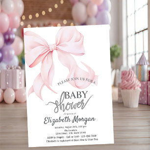 Stylish Pink Bow Striped Baby Shower Invitation