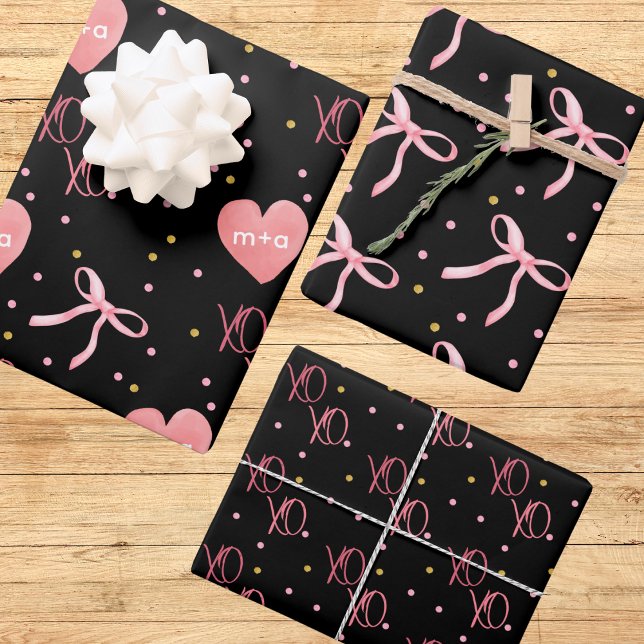 Stylish Pink Bows Hearts & XOs on Black Background Wrapping Paper Sheet (Creator Uploaded)