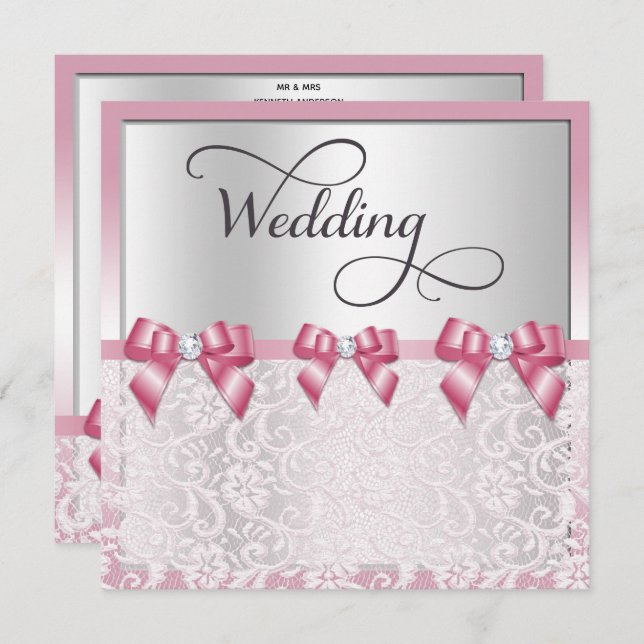 Stylish Pink Bows & Lace Wedding Invitation (Front/Back)