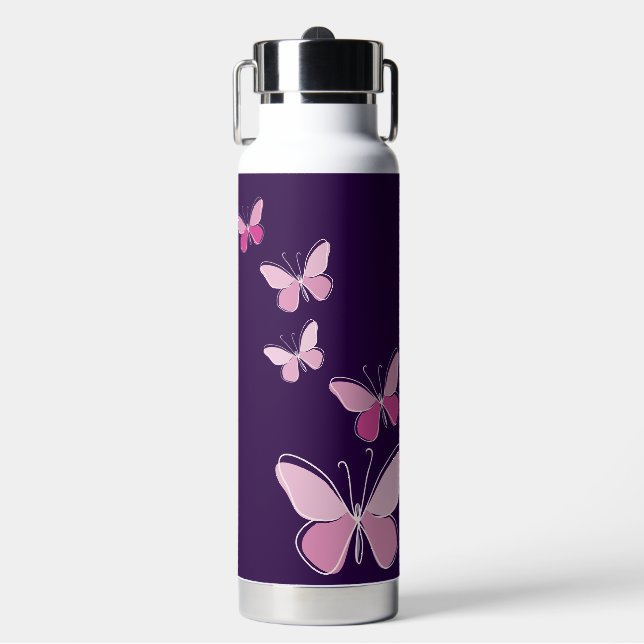 Stylish Pink Butterfly Doodle Kaleidoscope Water Bottle (Front)