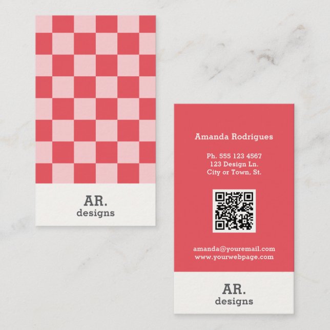 Stylish Pink Chequered QR Business Card (Front/Back)