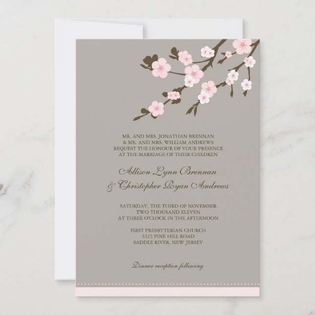Stylish Pink Cherry Blossoms Wedding Invitation (Front)
