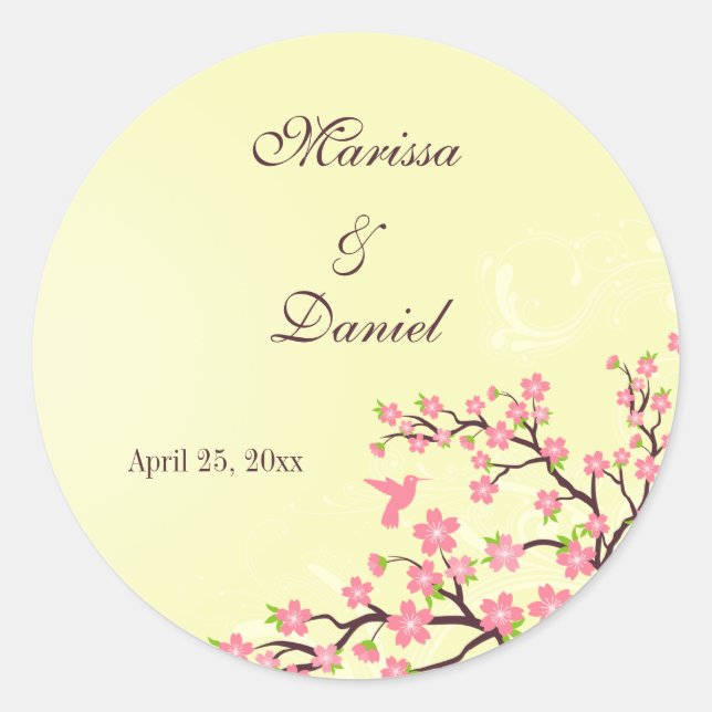 Stylish pink cherry blossoms wedding stickers (Front)