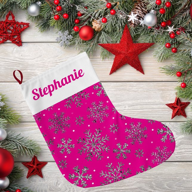 Stylish Pink Christmas w/ Elegant Snowflakes Large Christmas Stocking (Creator Uploaded)