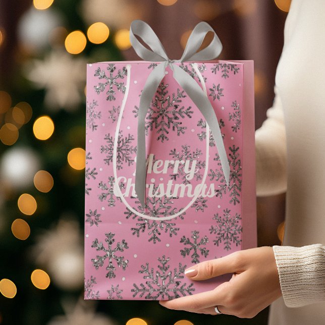 Stylish Pink Christmas w/ Elegant Snowflakes Medium Gift Bag (Creator Uploaded)