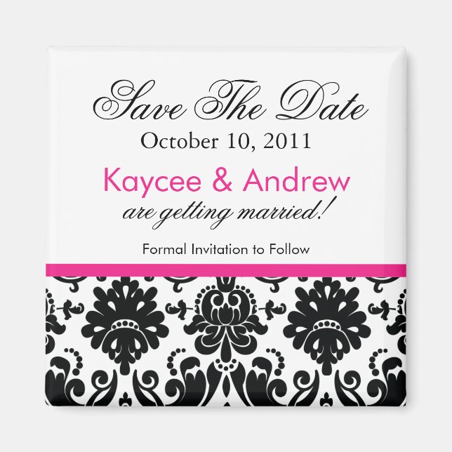 Stylish Pink Damask Save The Date Magnet (Front)