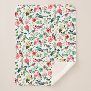 Stylish Pink en Green pattern Flowers & Birds Sherpa Blanket