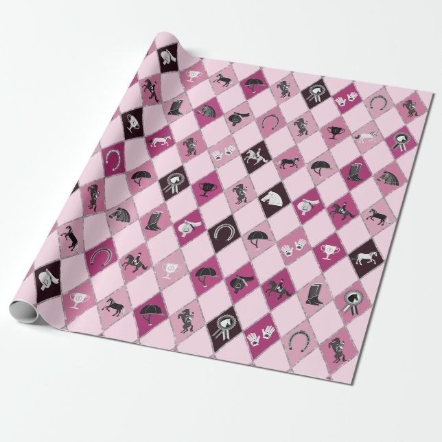 Stylish Pink Equestrian Diamond Pattern Wrapping Paper (Unrolled)