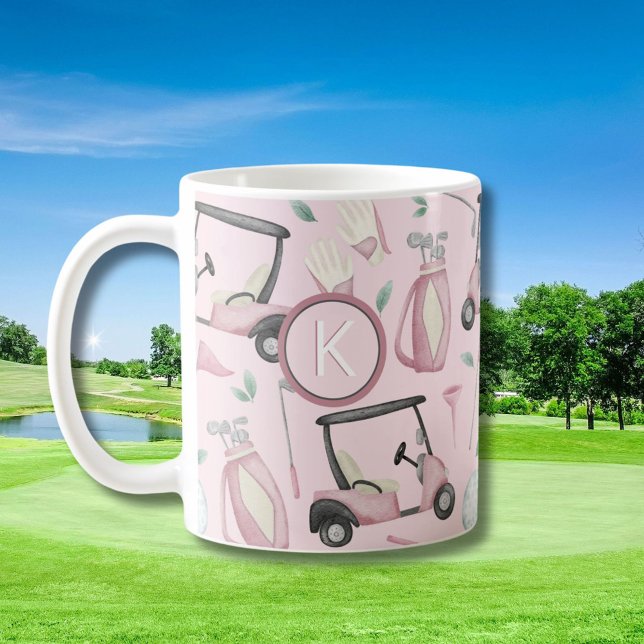 Stylish Pink Feminine Golf Design Custom Monogram Coffee Mug (Creator Uploaded)
