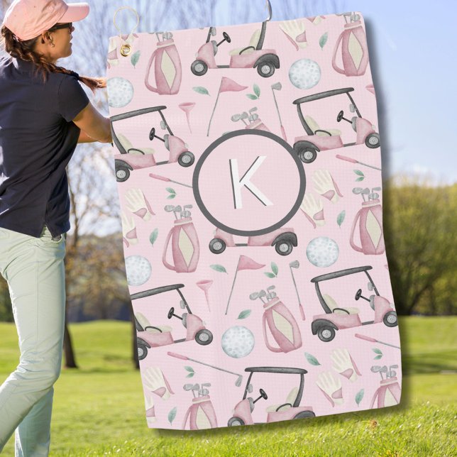 Stylish Pink Feminine Golf Design Custom Monogram Towel (Creator Uploaded)