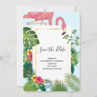 Stylish Pink Flamingo and Tropical Leaves Birthday