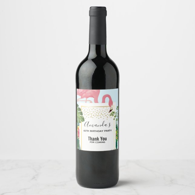 Stylish Pink Flamingo and Tropical Leaves Birthday Wine Label (Front)