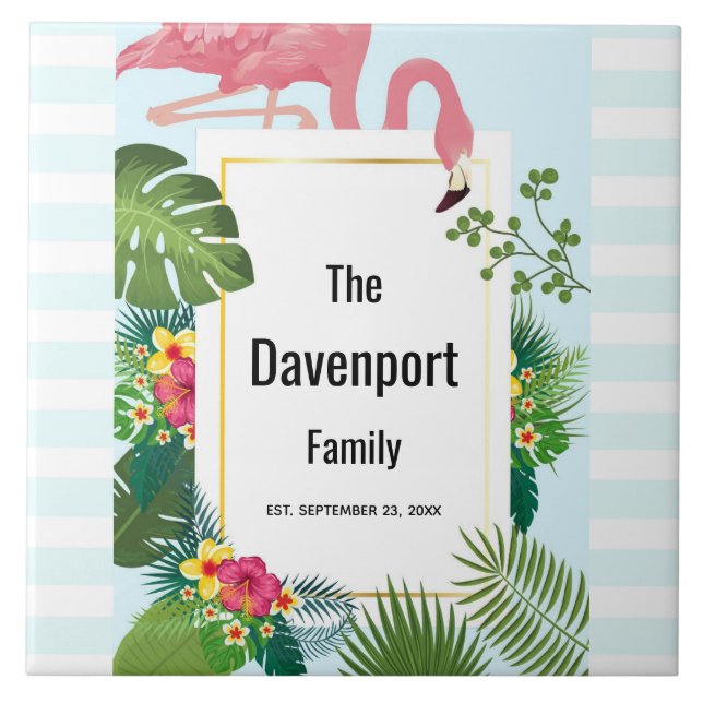 Stylish Pink Flamingo and Tropical Leaves Ceramic Tile (Front)