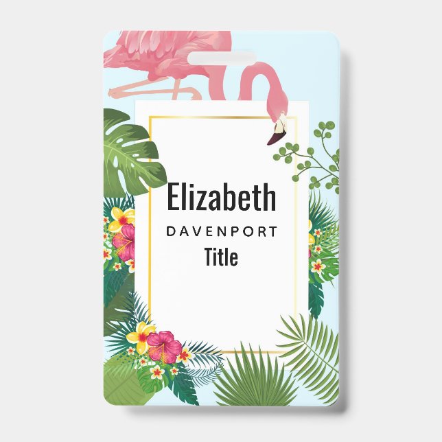 Stylish Pink Flamingo and Tropical Leaves ID Badge (Front)
